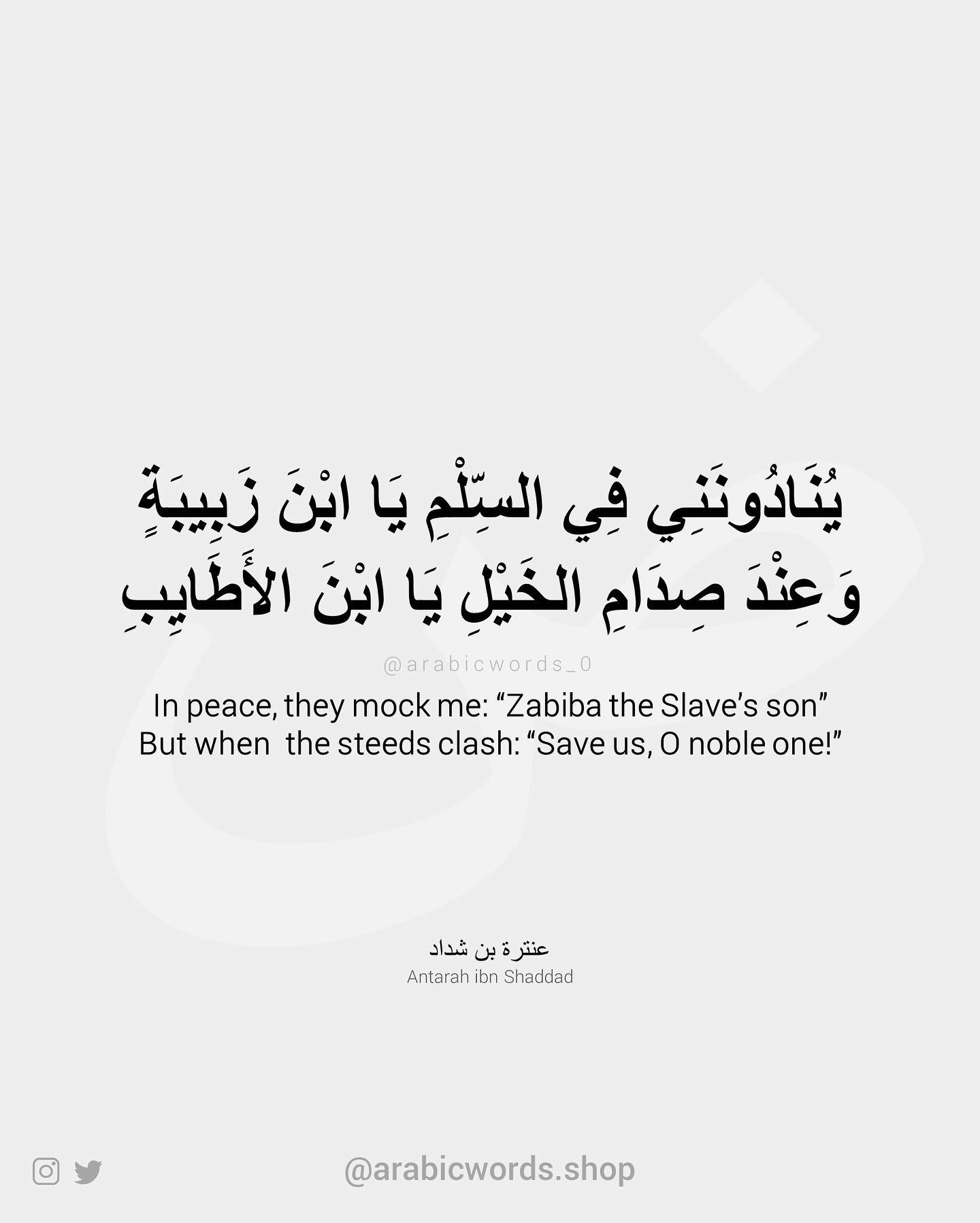 In peace, they mock me: “Zabiba the Slave’s son” But when  the steeds clash: “Save us, O noble one!”