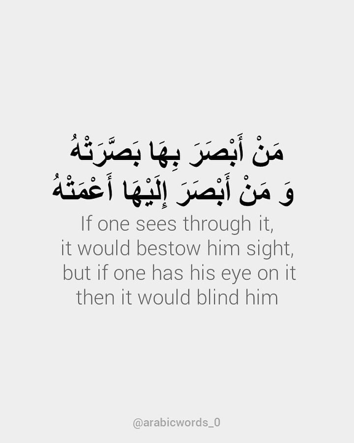 If one sees through it (the worldly life), it would bestow him sight, but if one has his eye on it then it would blind him